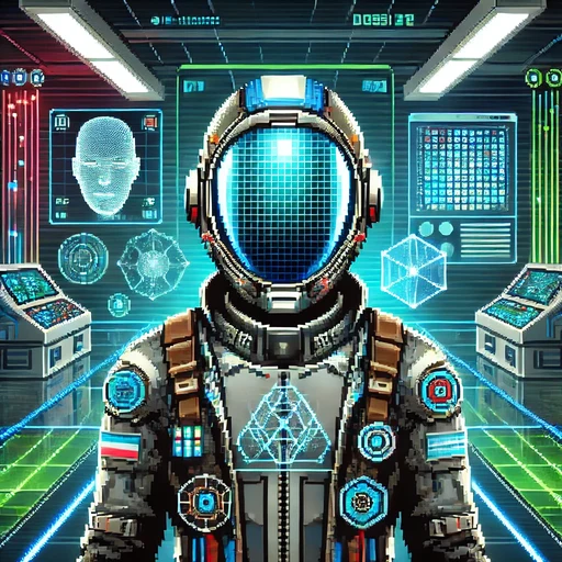 PixelPioneer, a pixel-art astronaut in a neon blockchain lab